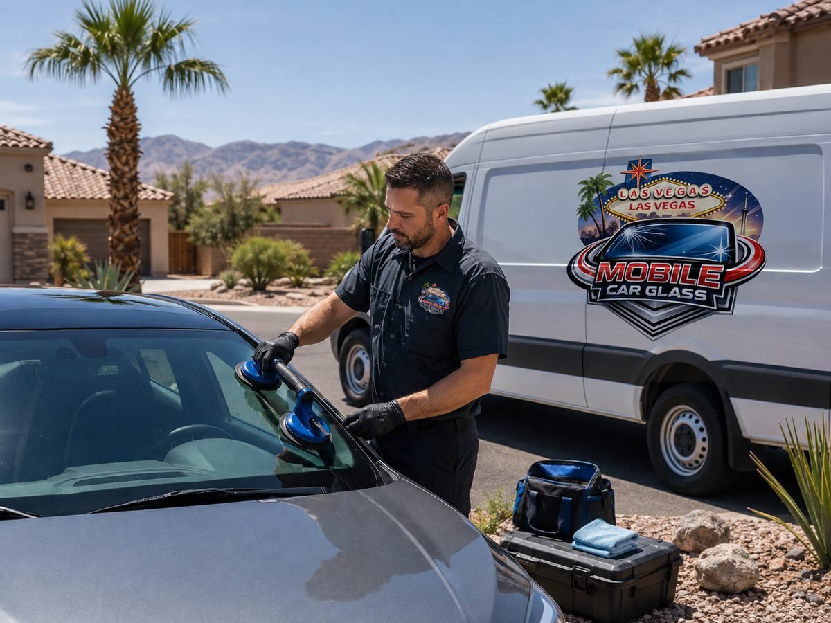 Las Vegas Mobile Car Glass technician working on a vehicle parked at a residential address