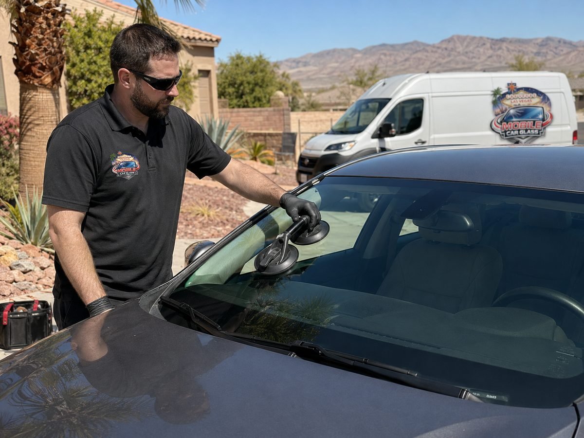 Technician setting replacement glass on a vehicle at the customer's location