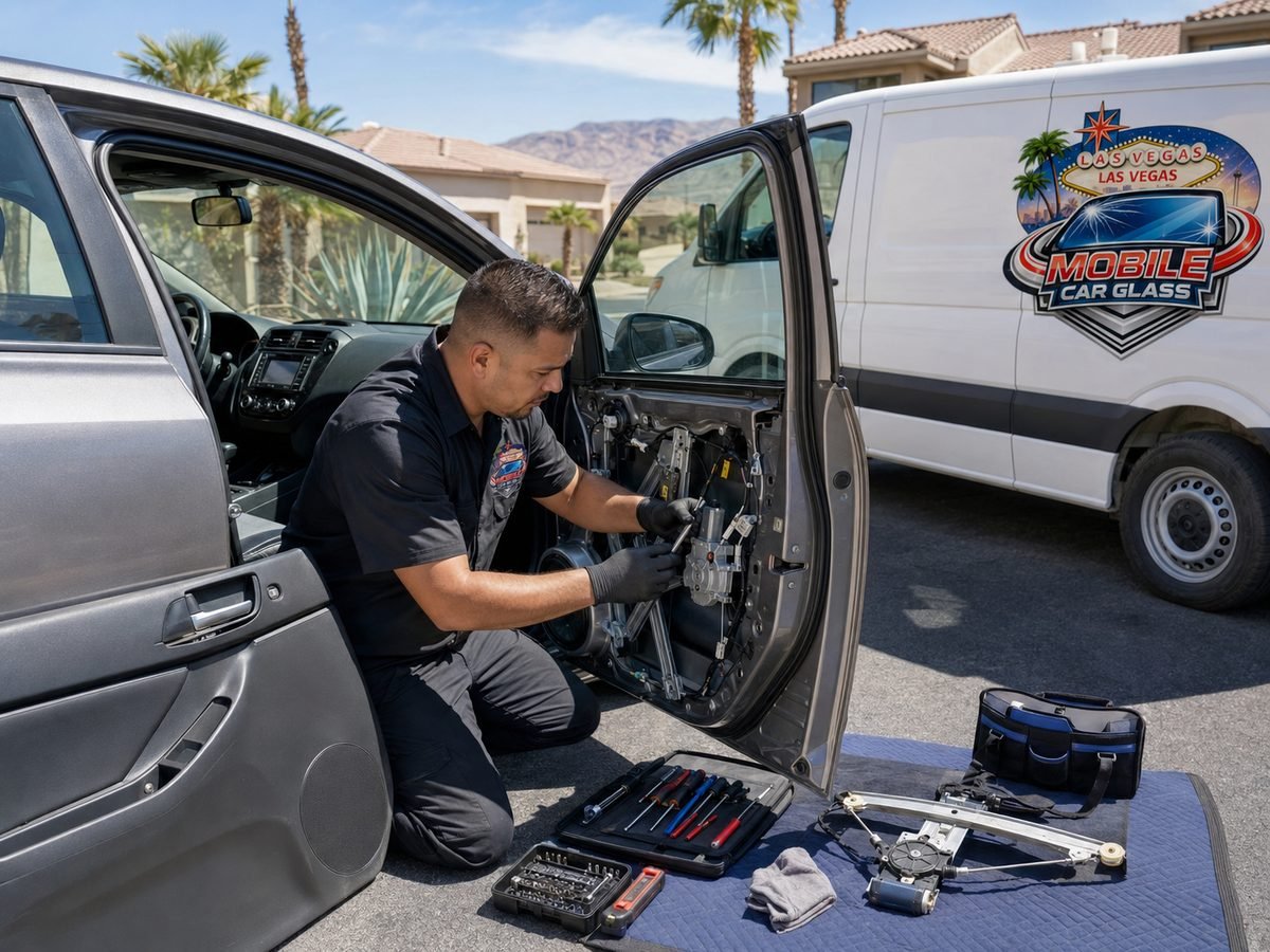 Technician working on a window regulator inside an open vehicle door with tools laid out