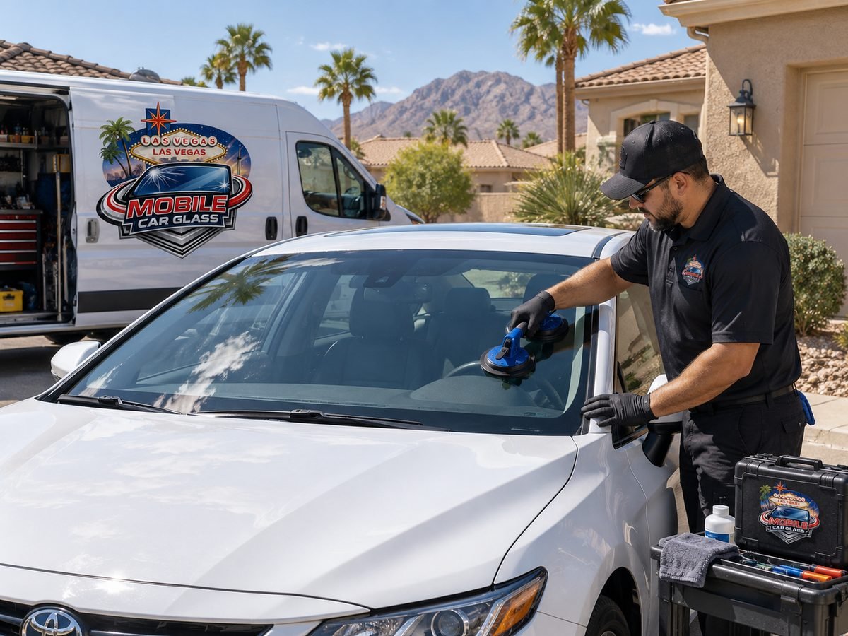 Las Vegas Mobile Car Glass technician fitting a replacement windshield